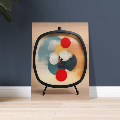 An abstract artwork of a clock with a black oval frame and tripod legs, featuring vibrant circular shapes in red, yellow, white, and teal against a soft beige background.