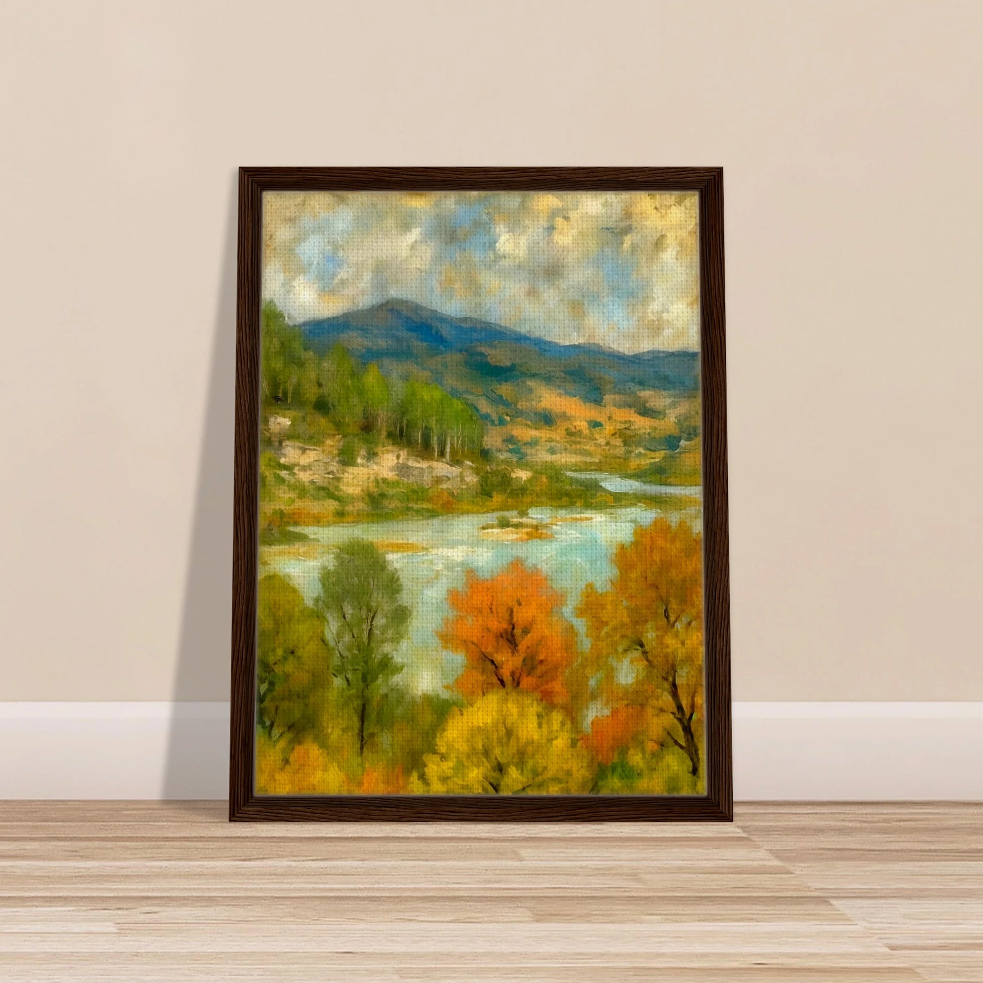 A serene river winds through a lush valley with colorful autumn trees and distant blue-green mountains.