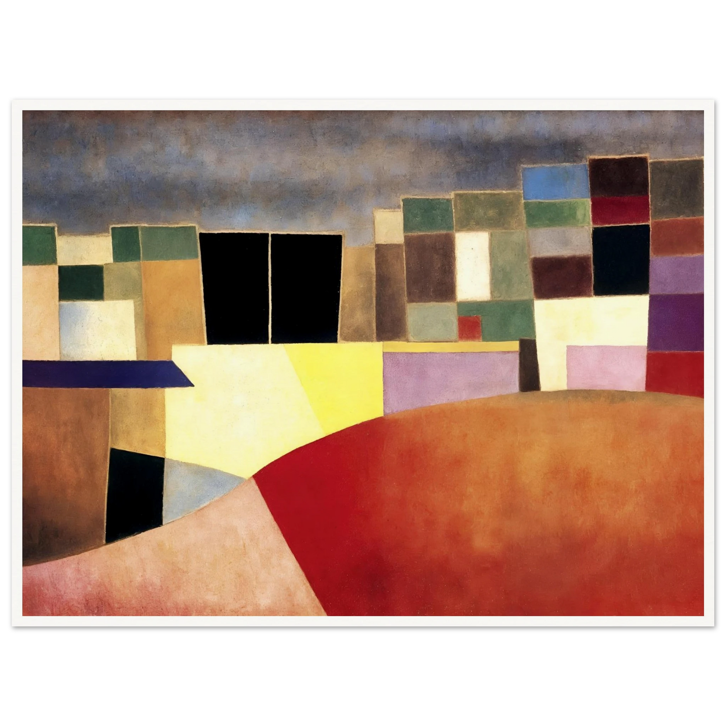 A colorful grid of geometric shapes resembling city buildings under a muted sky, glowing with warm red and yellow tones.