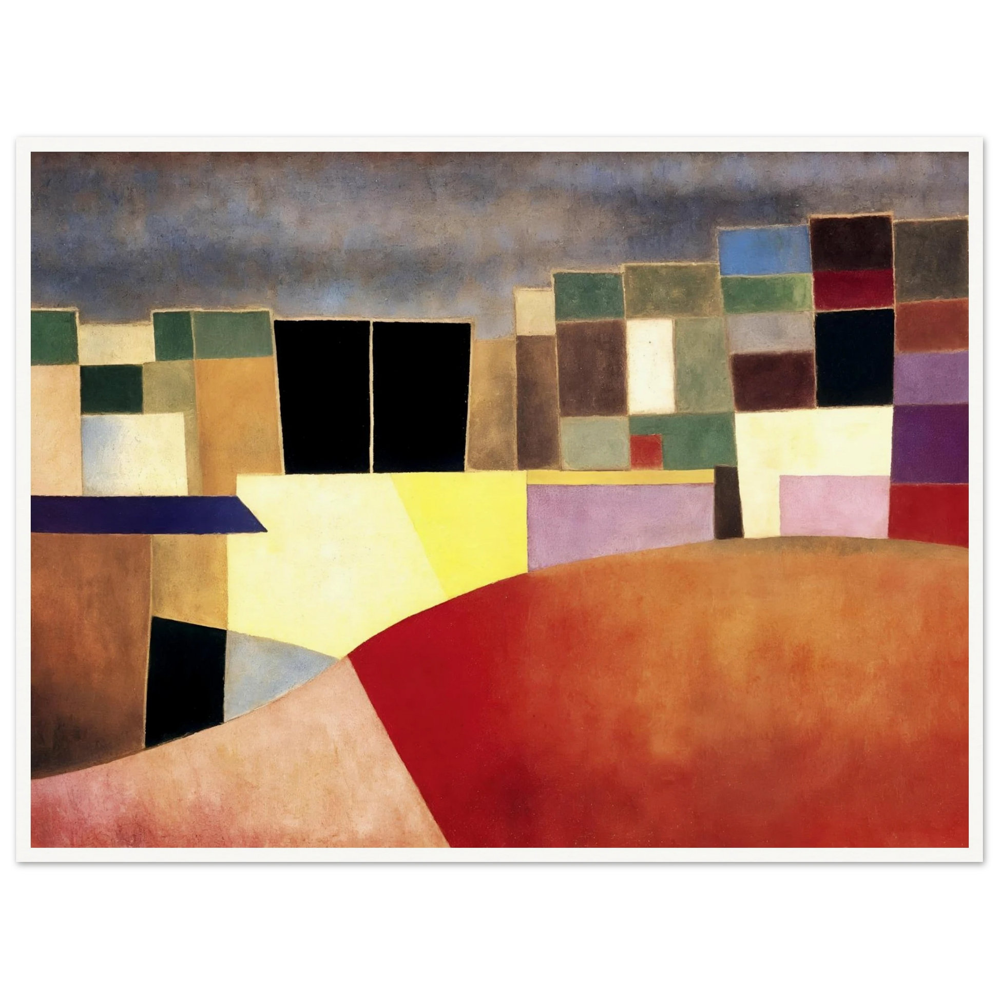 A colorful grid of geometric shapes resembling city buildings under a muted sky, glowing with warm red and yellow tones.