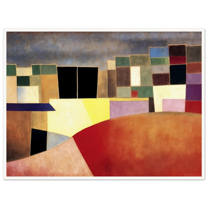 A colorful grid of geometric shapes resembling city buildings under a muted sky, glowing with warm red and yellow tones.