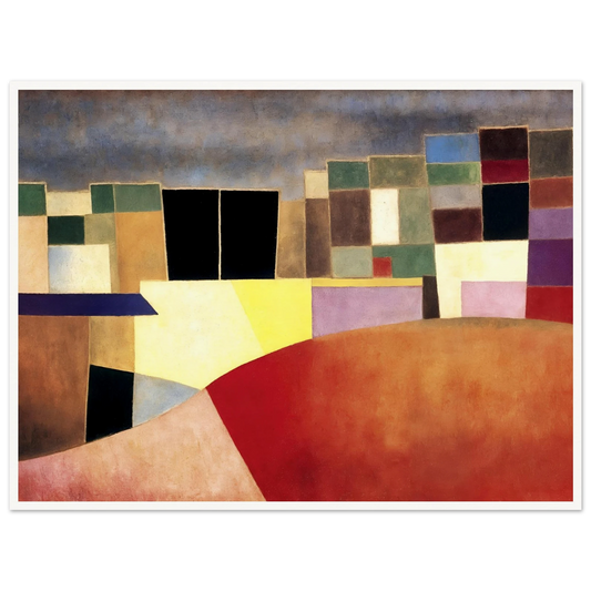 A colorful grid of geometric shapes resembling city buildings under a muted sky, glowing with warm red and yellow tones.