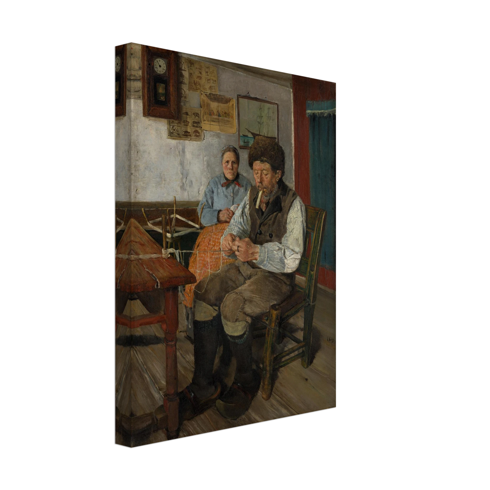 Fisherman mends a net while a woman sits behind him in a modest interior