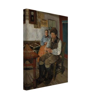 Fisherman mends a net while a woman sits behind him in a modest interior