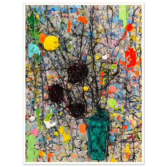 An abstract floral painting with a dark vase and branches, set against a textured, colorful background with splashes of red, yellow, and blue.