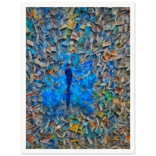 A solitary figure stands in the center of a swirling sea of paper-like textures and vibrant colors, surrounded by blue hues, creating a sense of isolation and introspection.