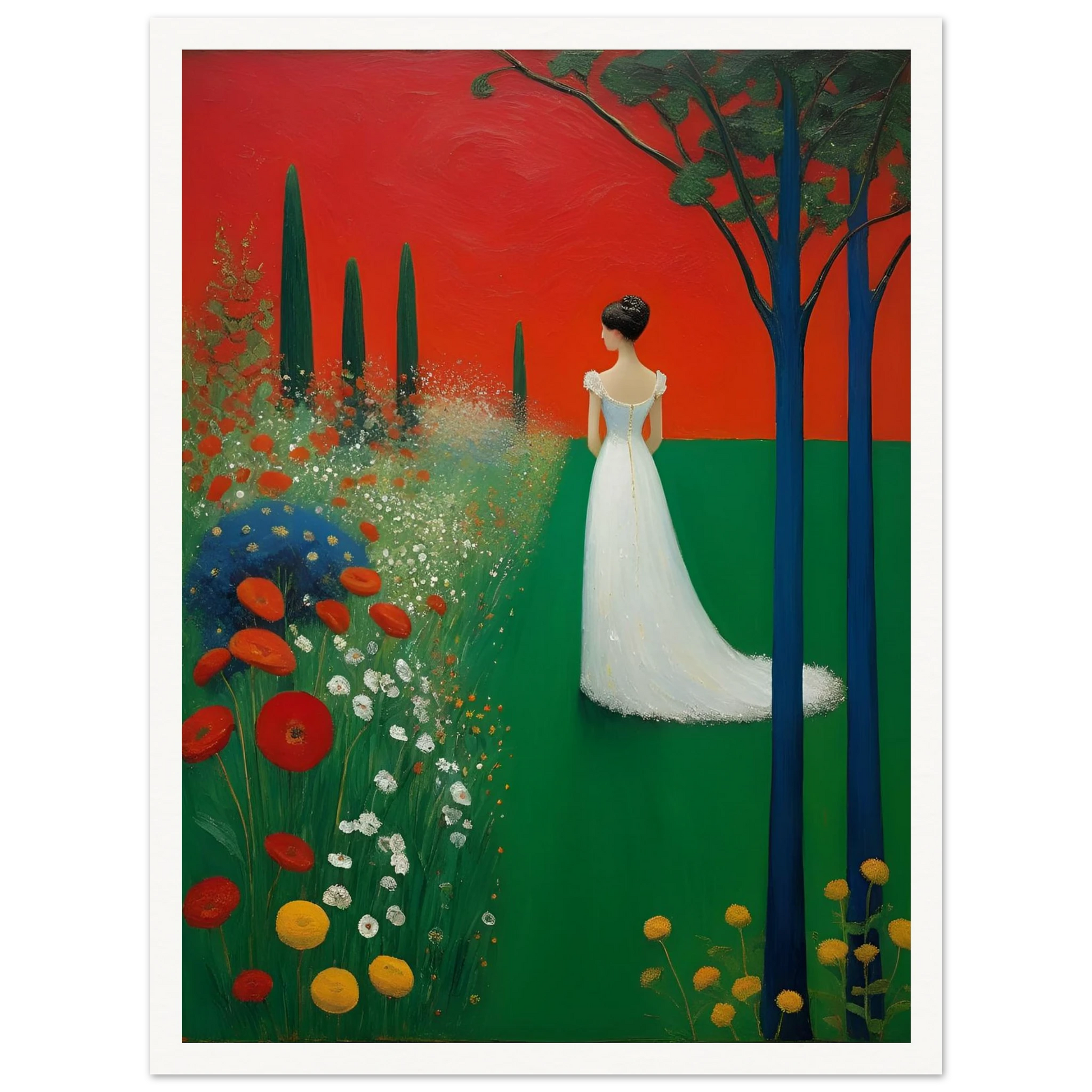 A woman in a white dress stands in a vibrant green field under a deep red sky, framed by dark trees and blooming wildflowers.