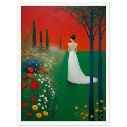 A woman in a white dress stands in a vibrant green field under a deep red sky, framed by dark trees and blooming wildflowers.