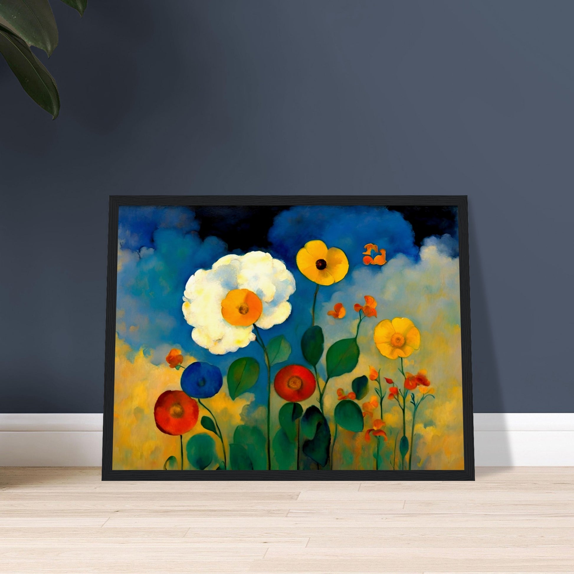 A vibrant floral painting with bold yellow, red, and blue flowers standing against a dreamy sky of deep blues, golds, and soft clouds.