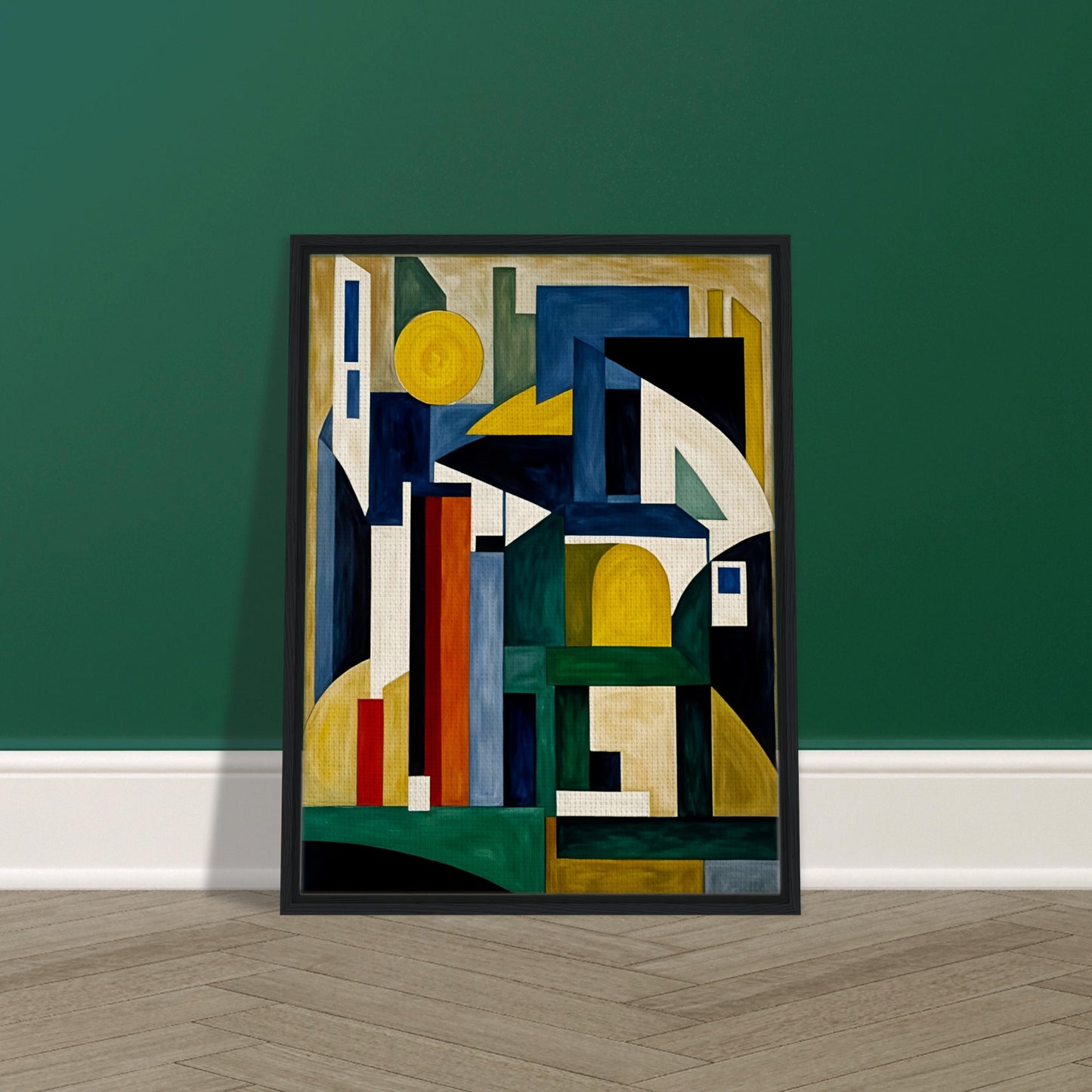 A bold geometric painting with angular shapes in deep greens, blues, yellows, and whites, resembling an abstract cityscape or architectural forms.