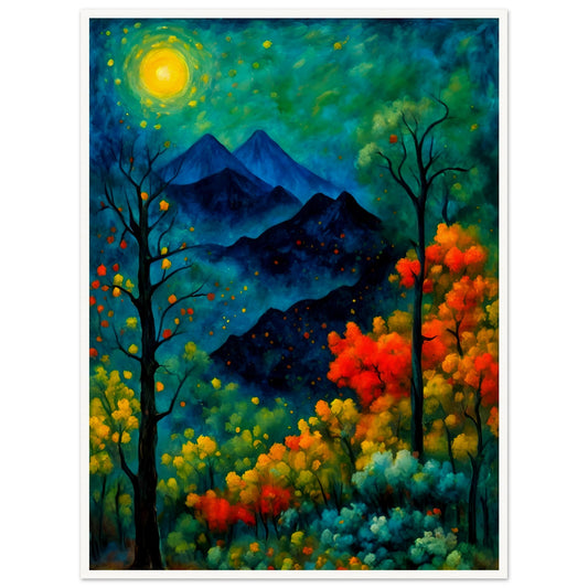 A vibrant, mystical forest with glowing autumn trees, a bright golden moon, and distant mountains under a deep blue-green night sky.