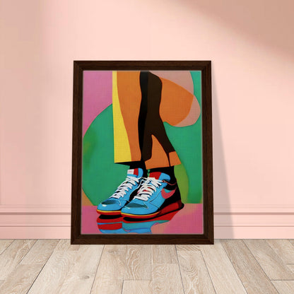 A modern artwork showcasing vibrant legs in bold-colored pants and blue sneakers, set against a bright pink and green abstract background.