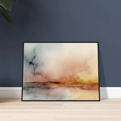 A soft watercolor landscape of fading skies, glowing yellow clouds, and tranquil reflections on a quiet lakeshore at dusk.