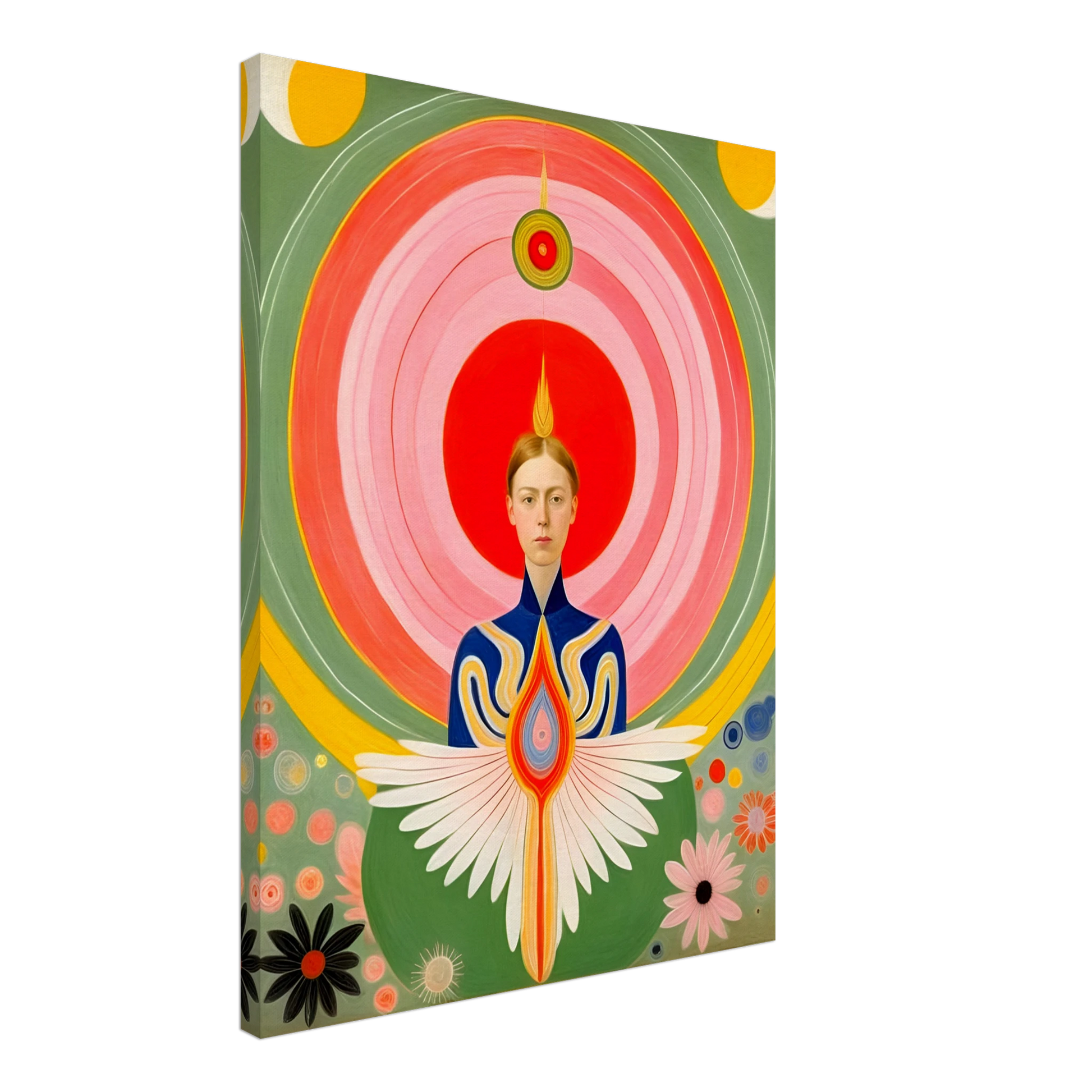 Stylized portrait of a serene woman with flaming crown, geometric wings, and concentric radiating circles in vibrant warm hues.