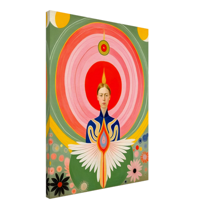 Stylized portrait of a serene woman with flaming crown, geometric wings, and concentric radiating circles in vibrant warm hues.