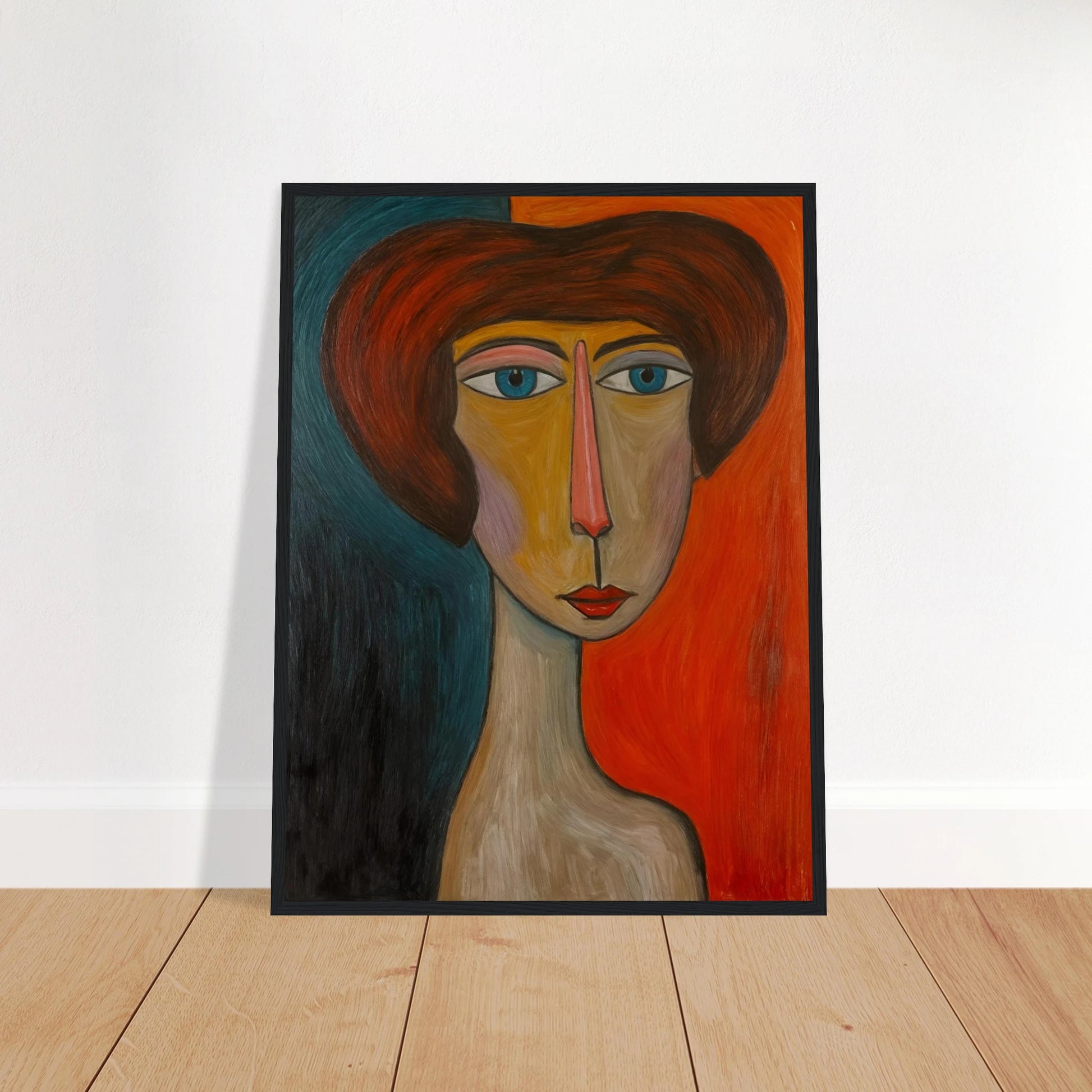 Bold-faced portrait with exaggerated features, split by warm and cool tones, exuding quiet strength and duality.