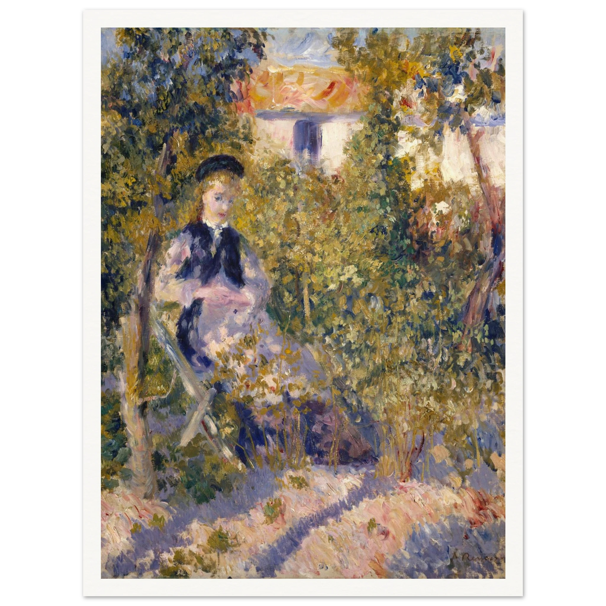 A woman sits in a flower-filled garden, surrounded by loose, colorful brushstrokes.