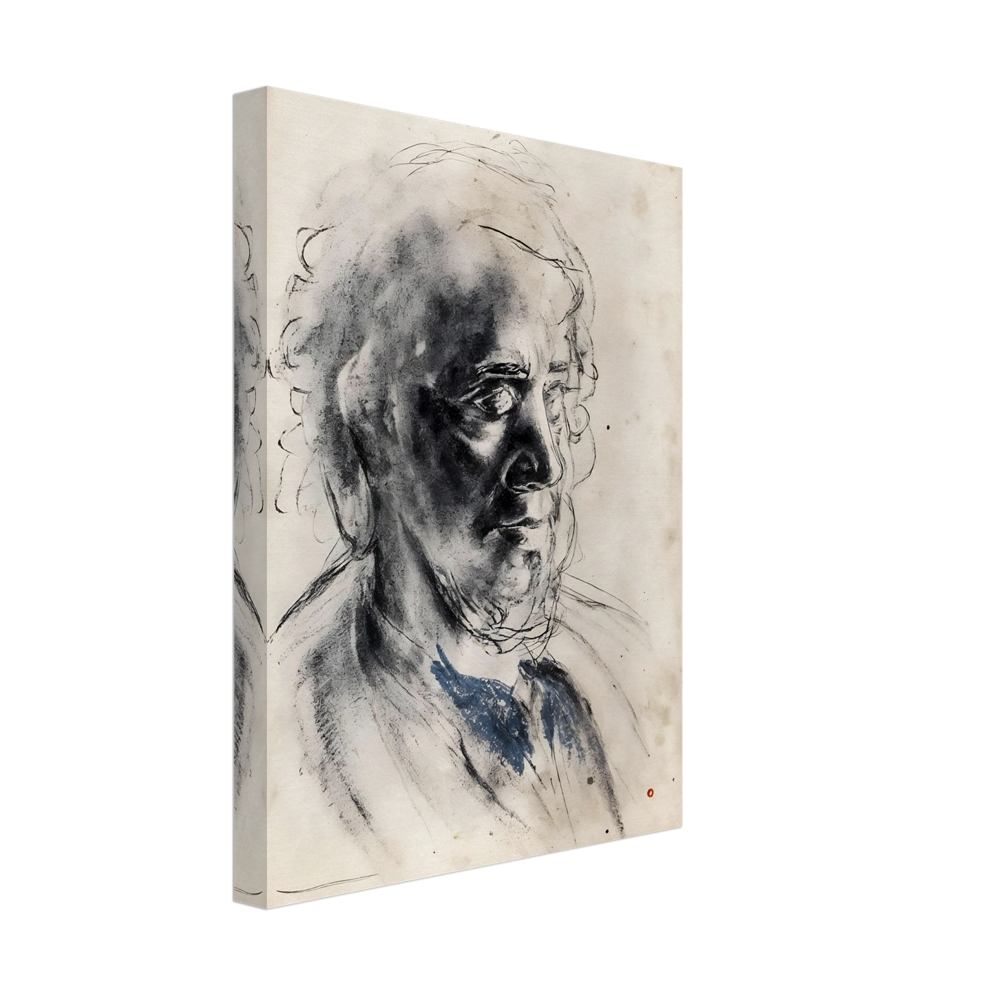 Charcoal portrait of an elderly man with deep shadows, loose lines, and a muted blue collar.