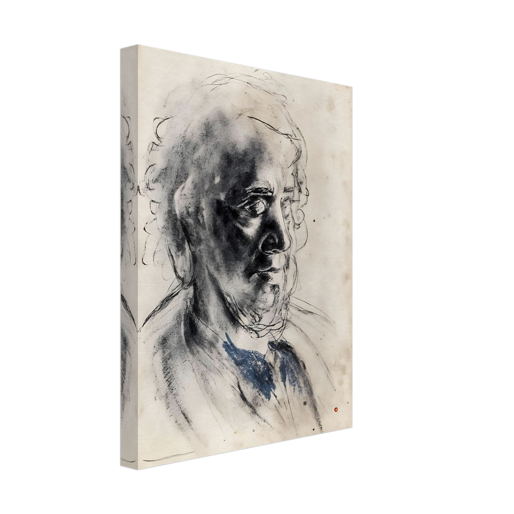 Charcoal portrait of an elderly man with deep shadows, loose lines, and a muted blue collar.
