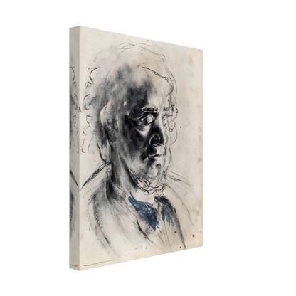 Charcoal portrait of an elderly man with deep shadows, loose lines, and a muted blue collar.