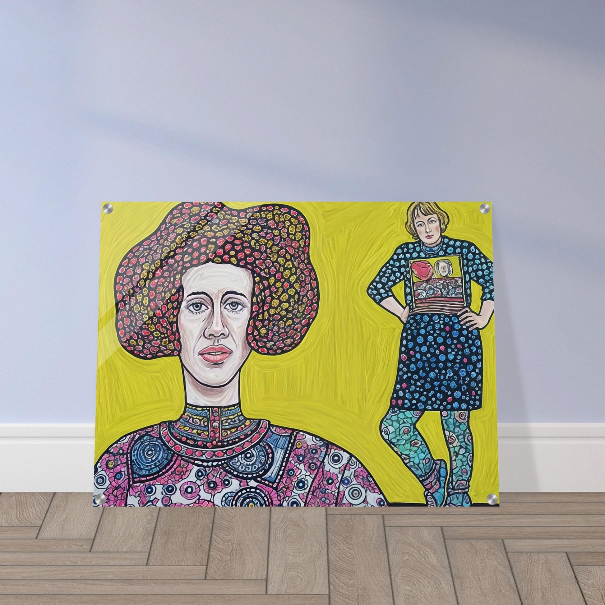 A colorful dual portrait painting featuring two women in patterned clothing against a bright yellow background.