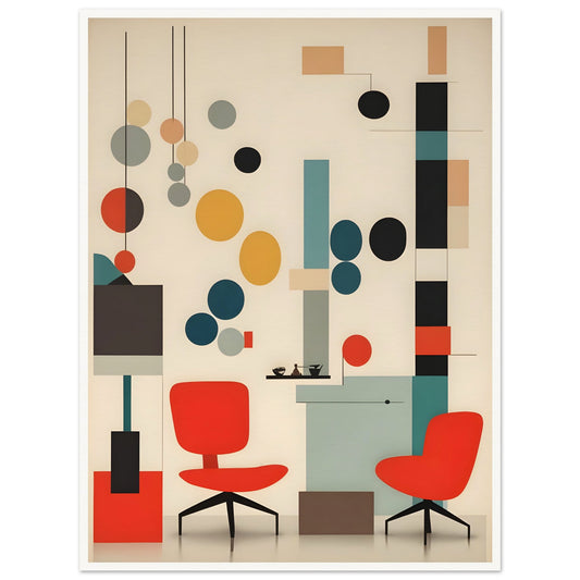 A modern artwork featuring red chairs, abstract geometric shapes, and muted tones of teal, beige, and black, evoking mid-century modern design.