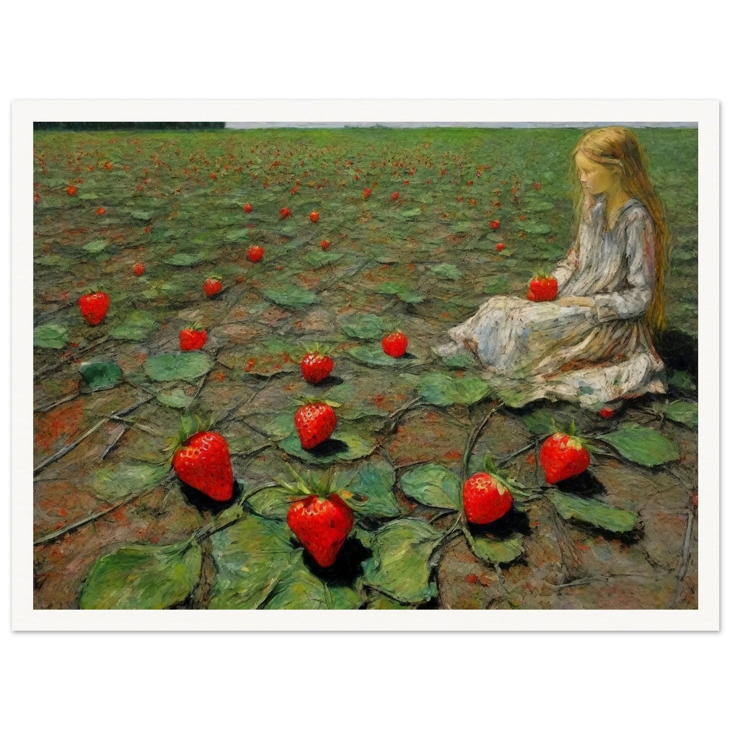 A painting of a young girl sitting in a field of large strawberries, creating a whimsical and surreal scene.