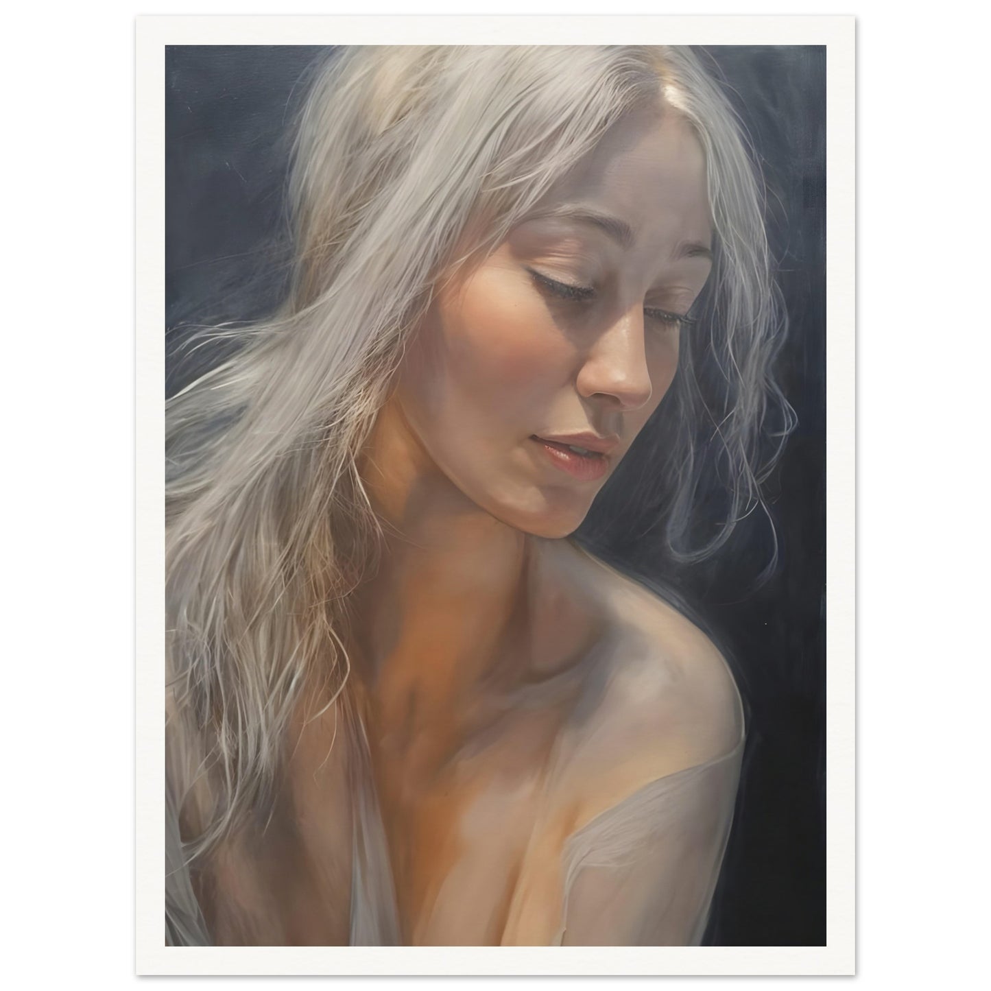 A delicate portrait of a woman with flowing silver hair, softly illuminated against a dark background, her eyes gently lowered in serene contemplation.