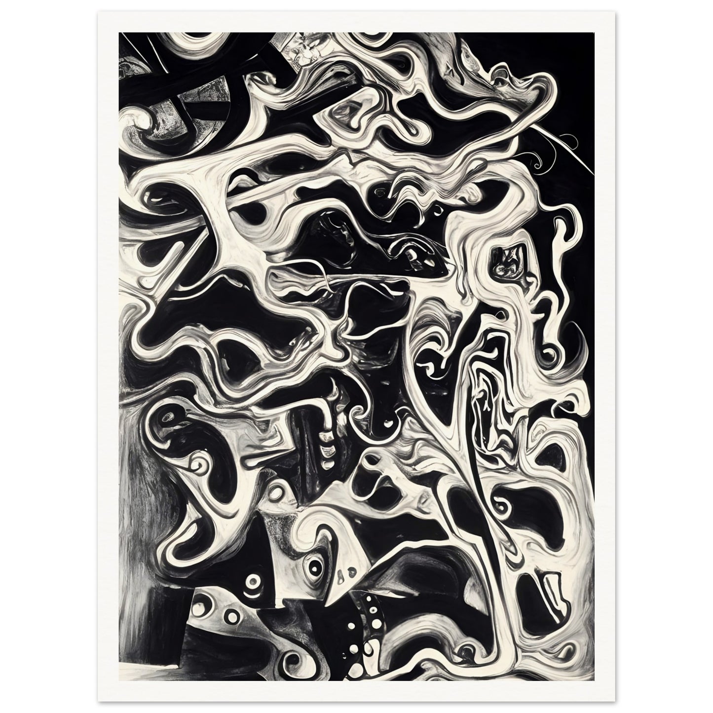 A mesmerizing black and white fluid composition, intertwining abstract faces and swirling patterns, evoking mystery and depth.