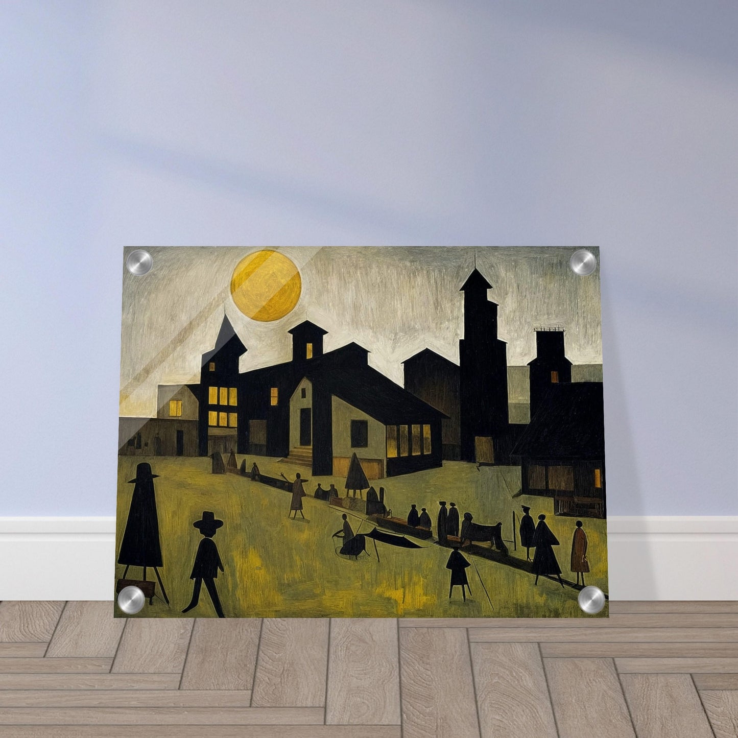 A painting depicting a town under a large sun with silhouetted figures walking and interacting in the foreground.