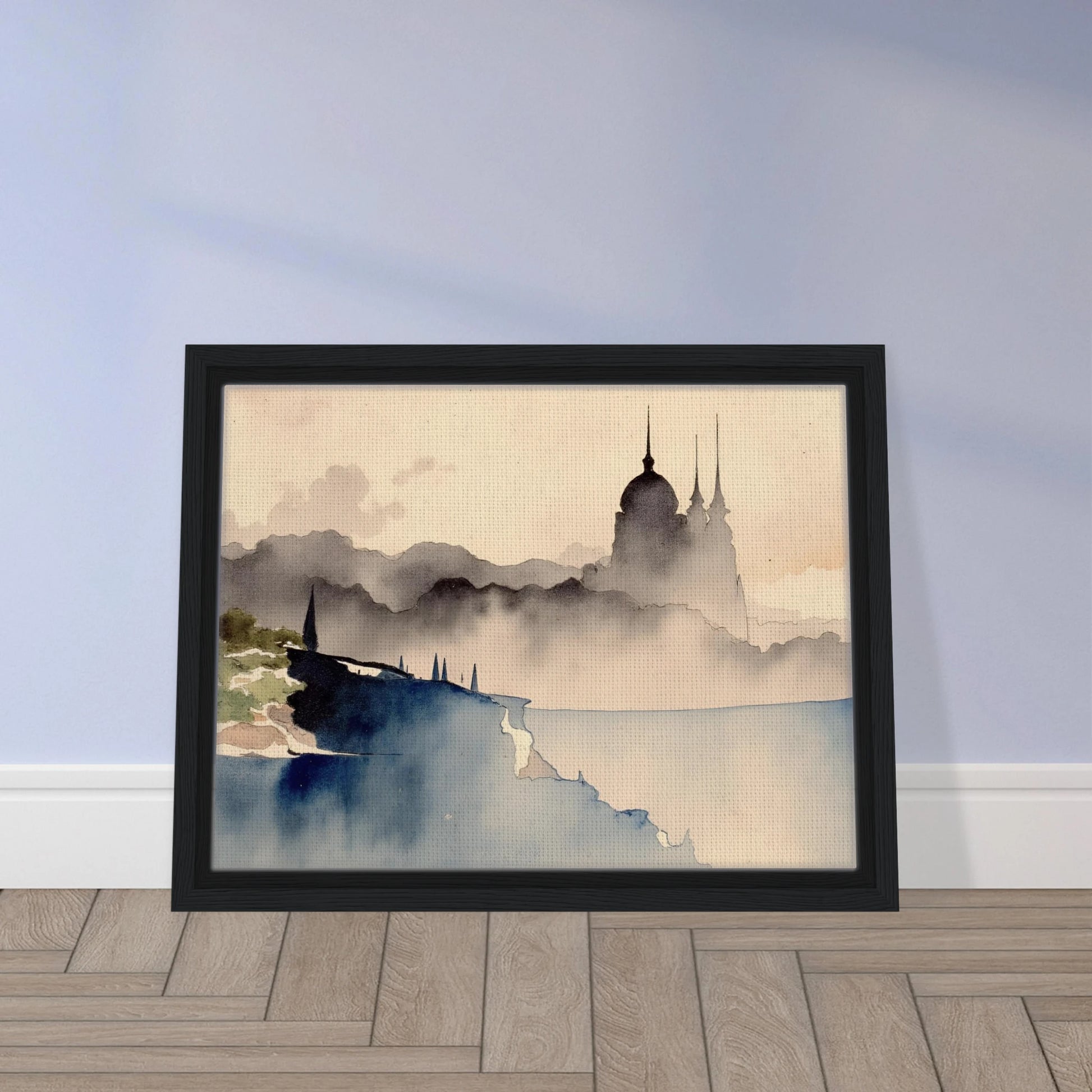 Dreamlike palace silhouette rising from misty hills and cliffs, with watercolor tones evoking mystery and distant lands.