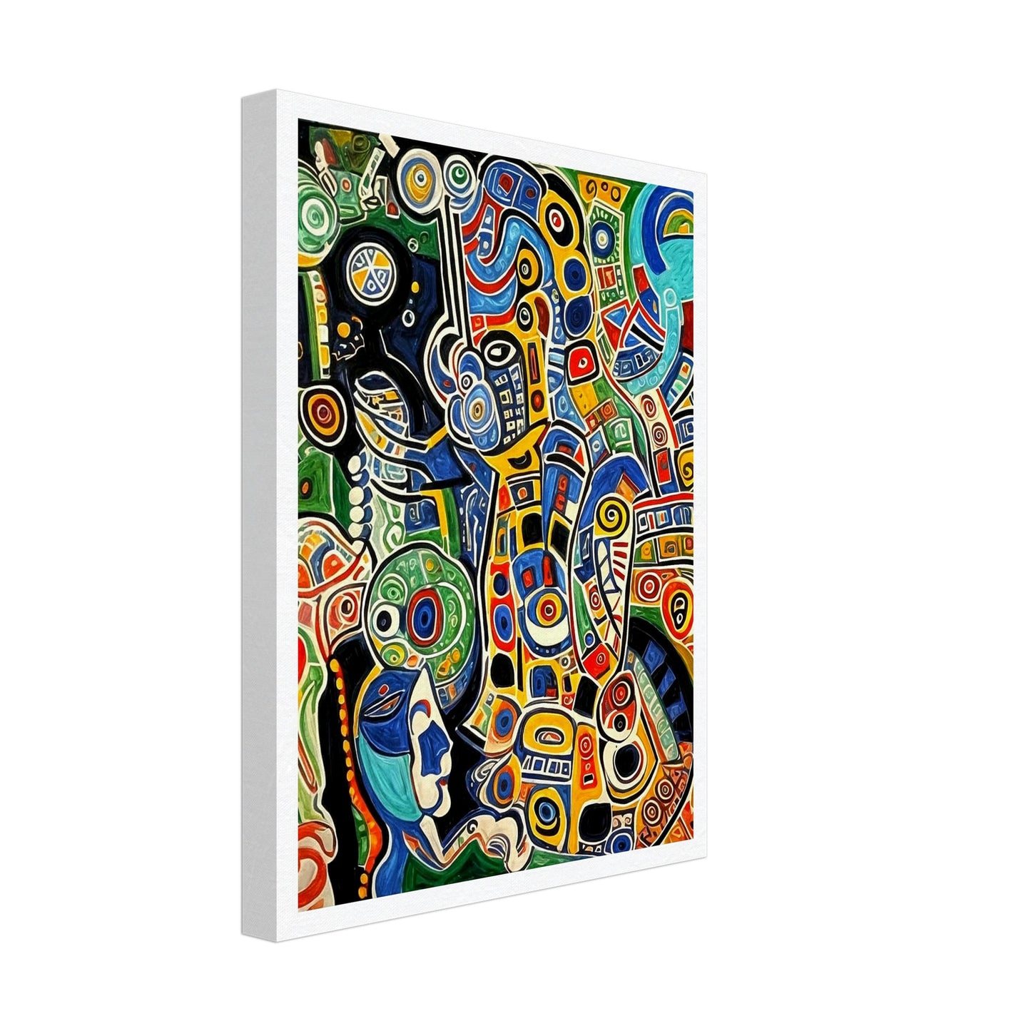 Bold and intricate abstract patterns in vibrant colors like blue, red, yellow, and green, forming a dynamic and energetic composition of swirling shapes.