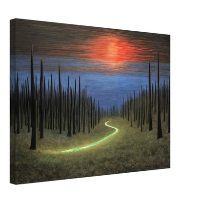 A surreal painting of a glowing green path cutting through a field of tall, dark spires under a vibrant sunset sky.