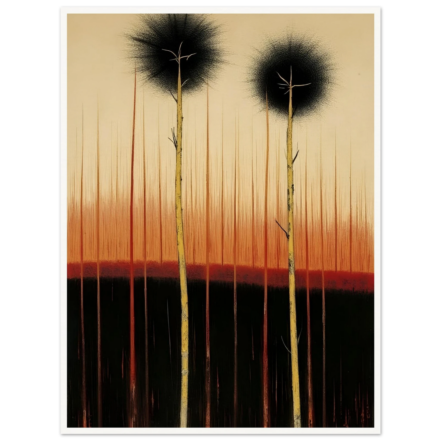 Two tall, slender trees rise from dark soil under a glowing orange and black sky, evoking quiet endurance and mystery.