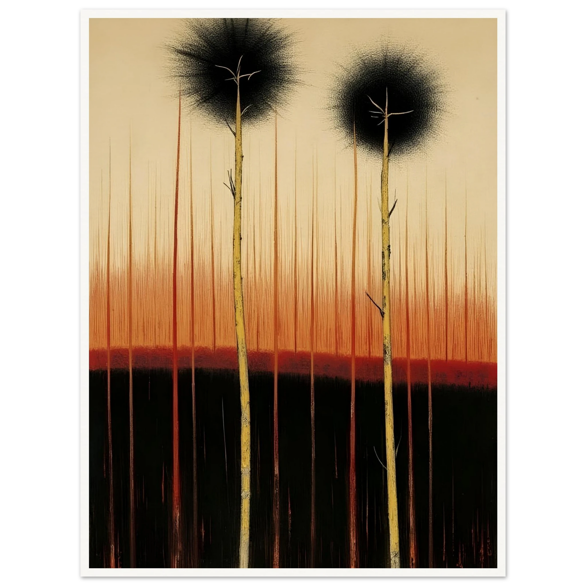 Two tall, slender trees rise from dark soil under a glowing orange and black sky, evoking quiet endurance and mystery.