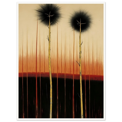 Two tall, slender trees rise from dark soil under a glowing orange and black sky, evoking quiet endurance and mystery.