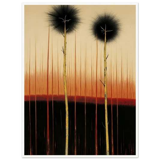 Two tall, slender trees rise from dark soil under a glowing orange and black sky, evoking quiet endurance and mystery.