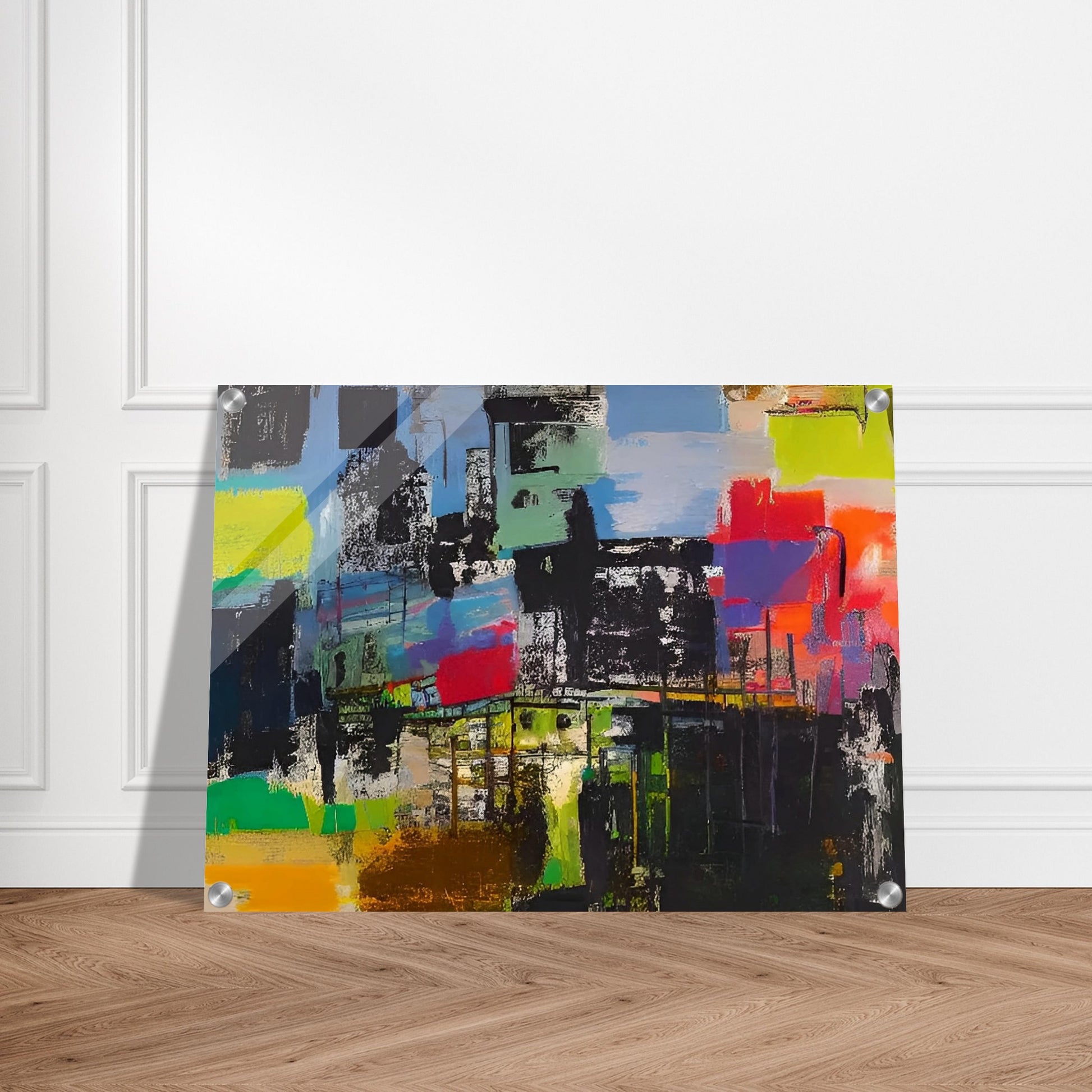 An abstract painting with bold colors and textures representing a bustling cityscape. The composition features vibrant blocks of green, blue, yellow, and red.