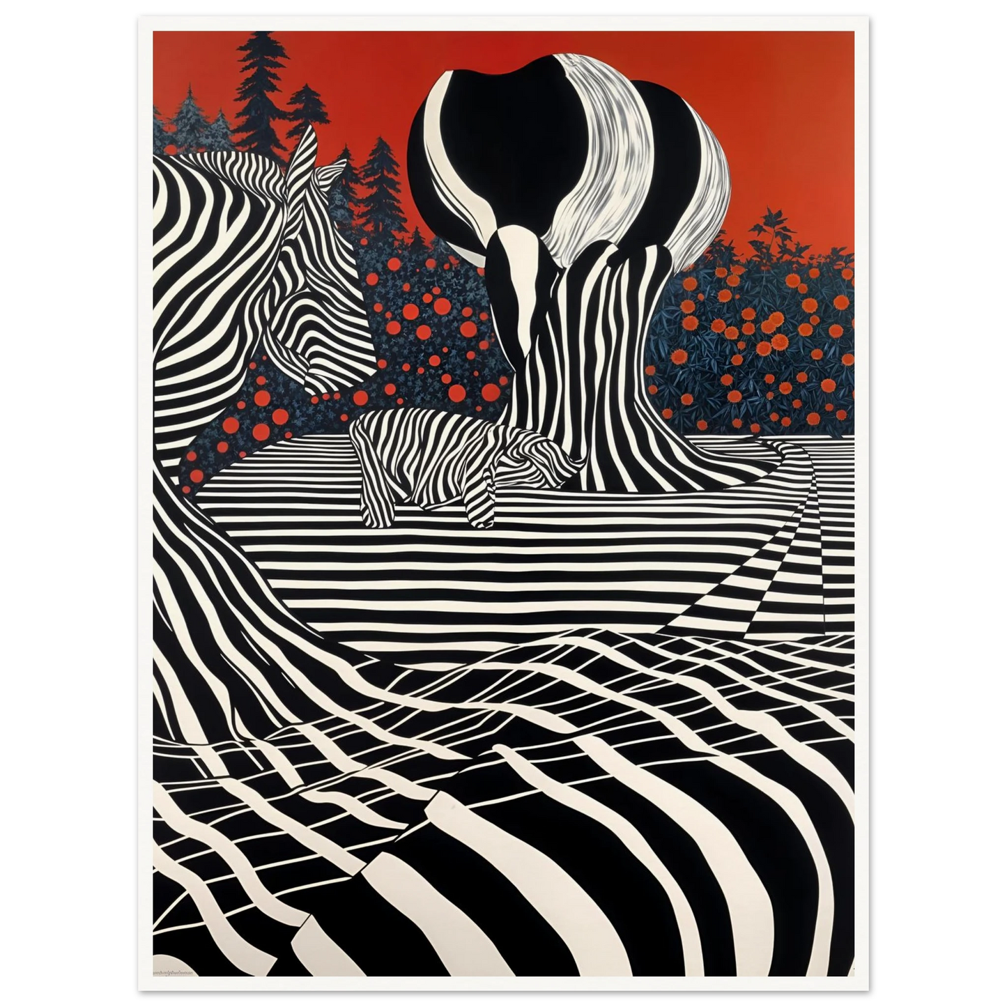 Stylized zebras and trees blend into black-and-white stripes against a deep red sky, merging nature with bold graphic art.