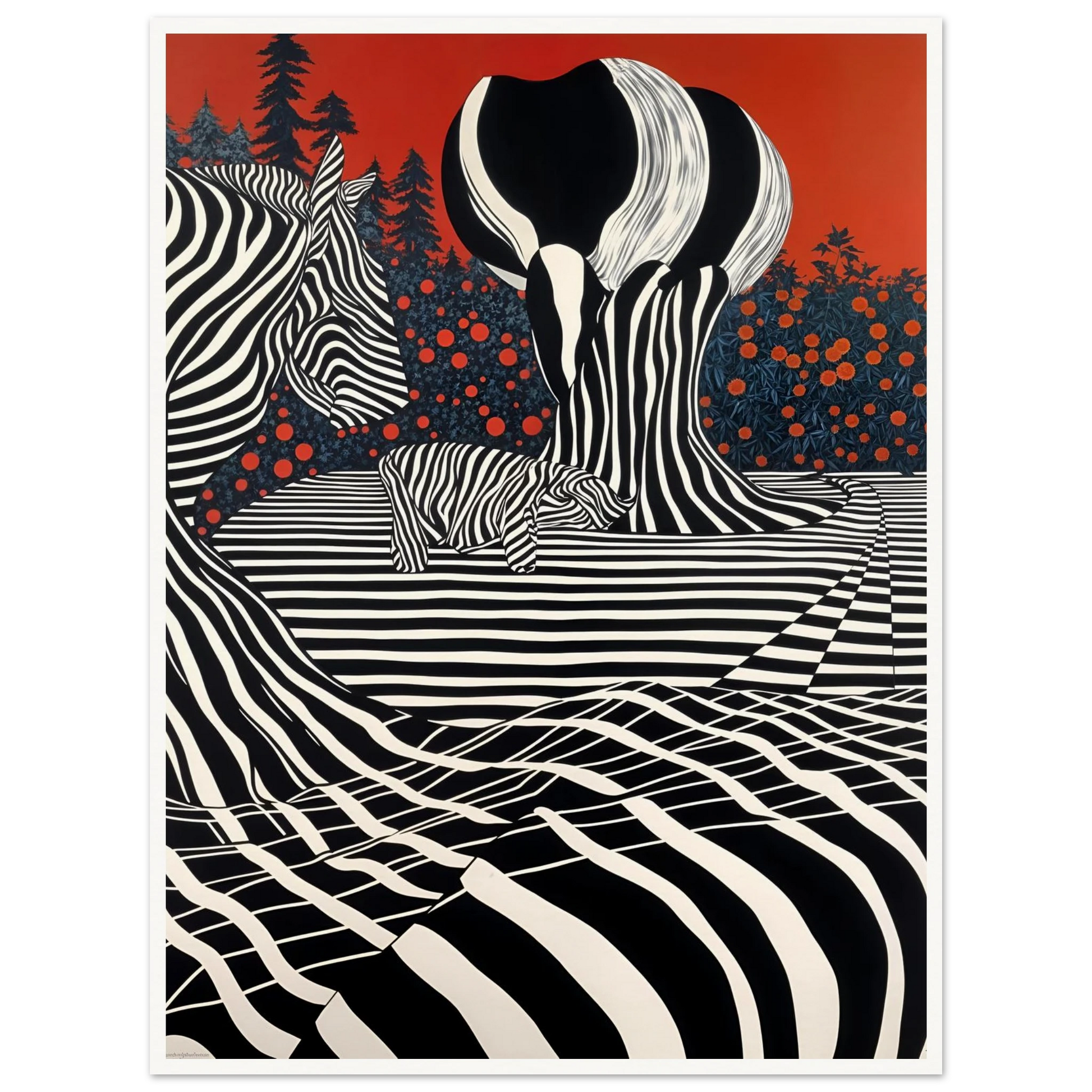 Stylized zebras and trees blend into black-and-white stripes against a deep red sky, merging nature with bold graphic art.