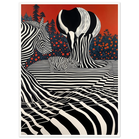 Stylized zebras and trees blend into black-and-white stripes against a deep red sky, merging nature with bold graphic art.