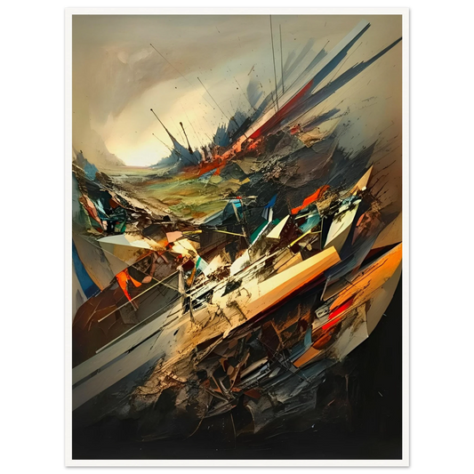 Energetic shards and jagged strokes erupt across the canvas, blending earth tones and fiery streaks with kinetic force.