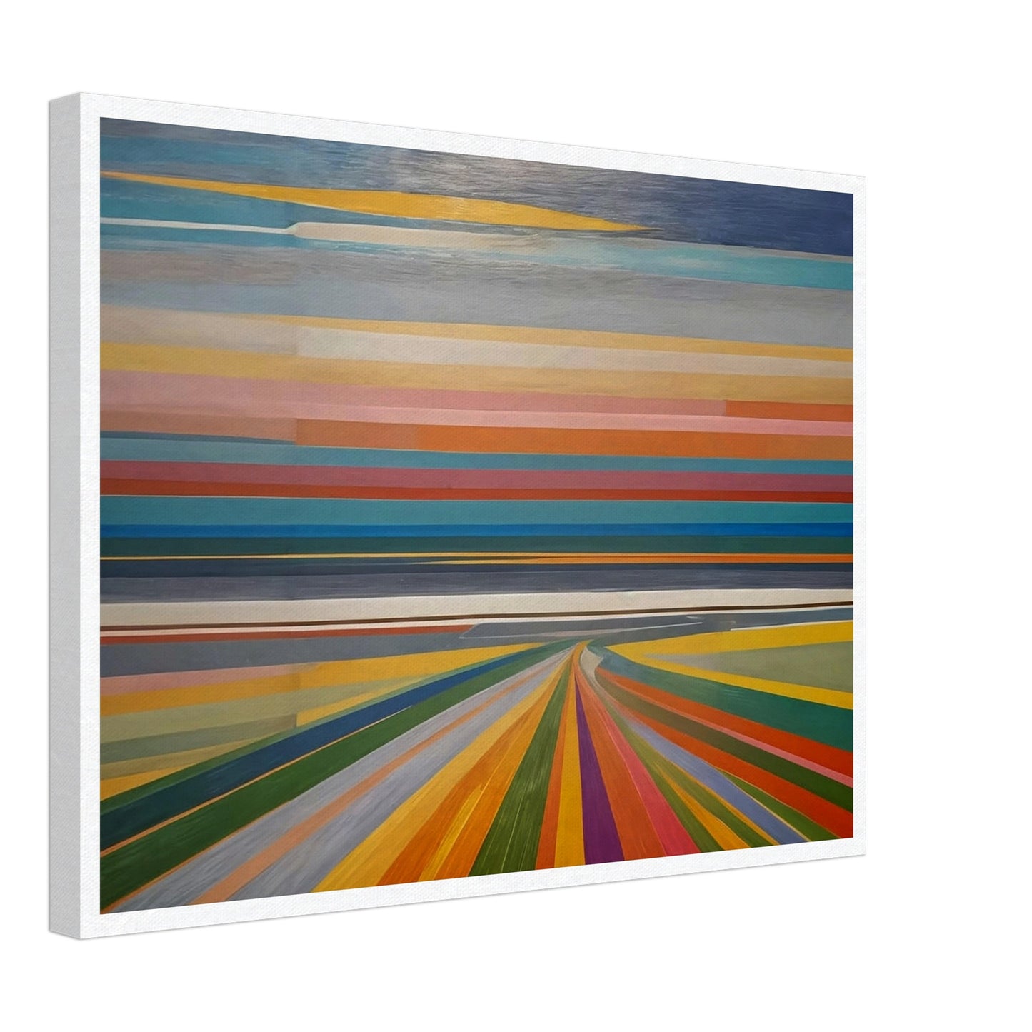 Abstract painting featuring horizontal bands of various colors, resembling a vibrant horizon and colorful road leading into the distance.