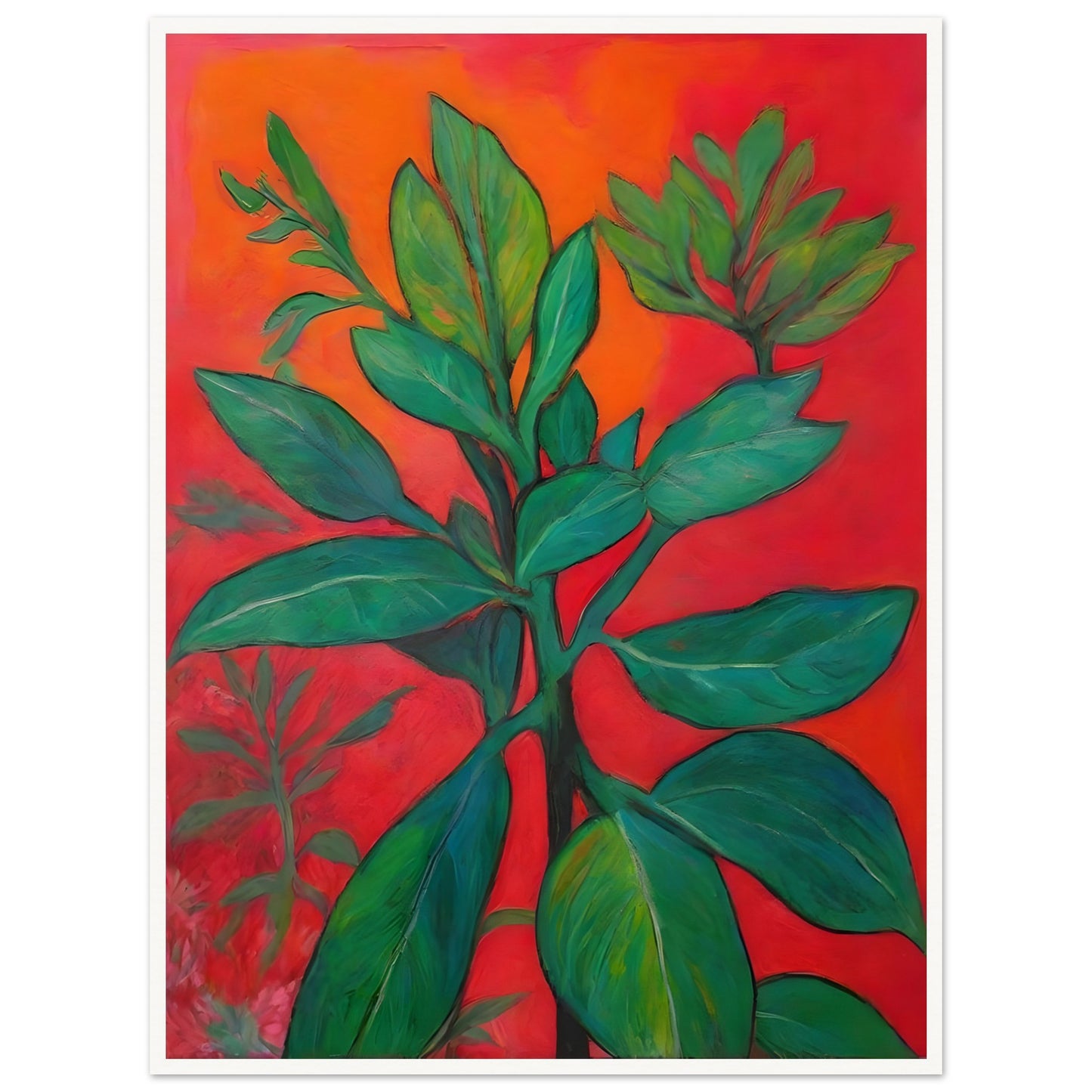 A bold botanical painting featuring lush green leaves set against a fiery red-orange background, creating a striking contrast of nature and warmth.