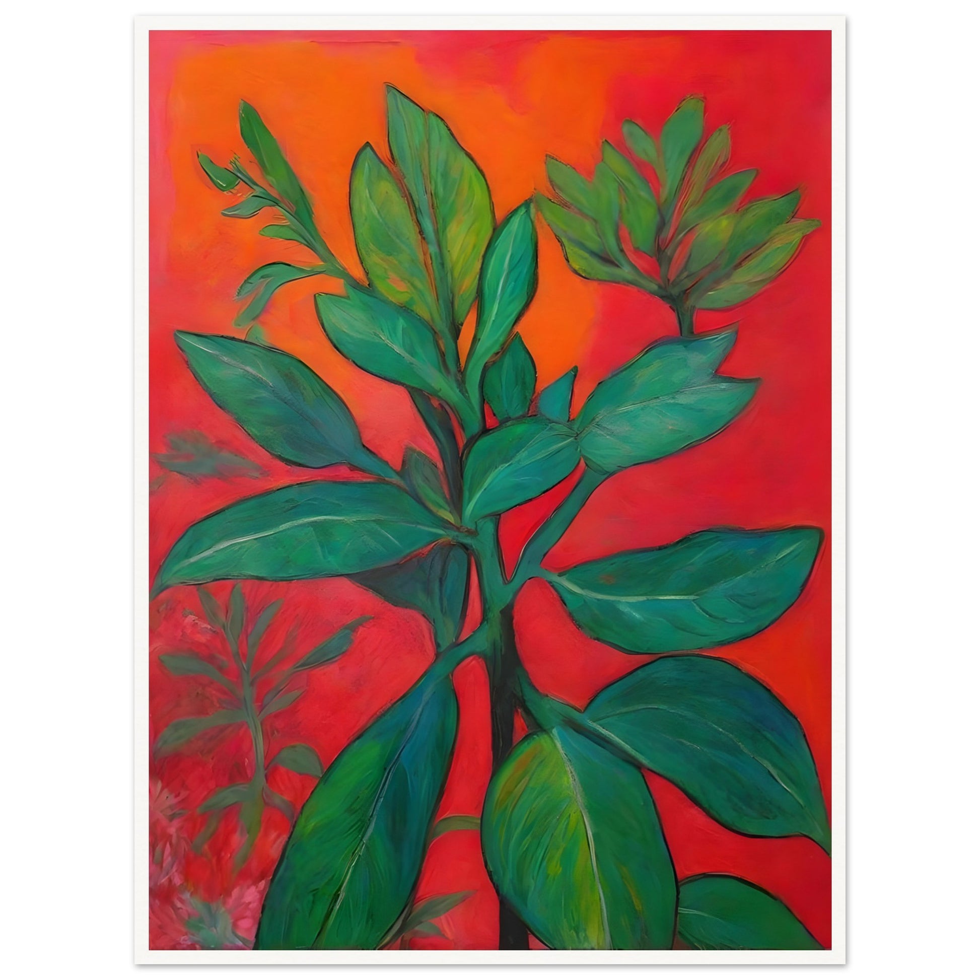 A bold botanical painting featuring lush green leaves set against a fiery red-orange background, creating a striking contrast of nature and warmth.