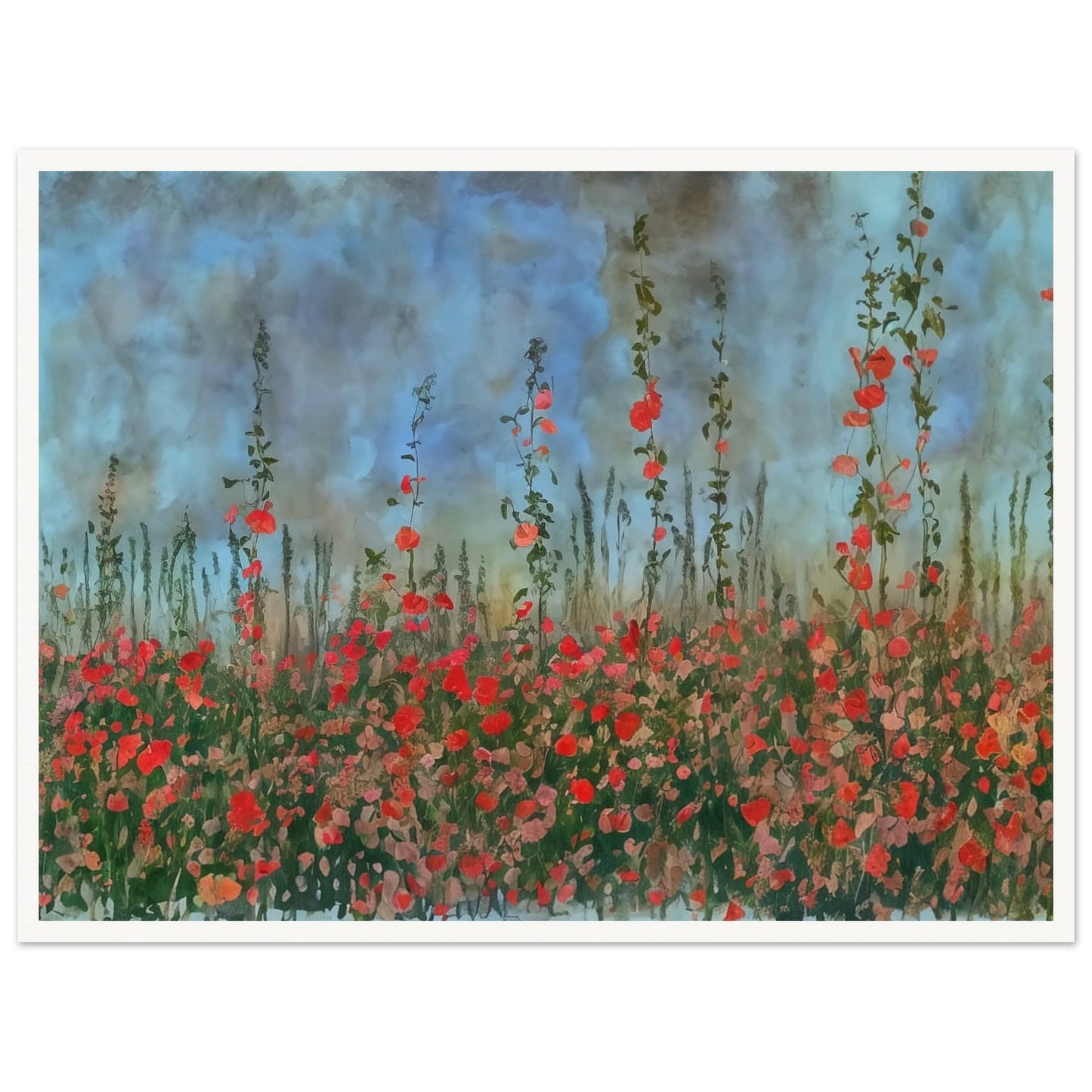 A serene landscape of tall wildflowers with red blooms against a cloudy blue sky, evoking a peaceful and natural atmosphere.