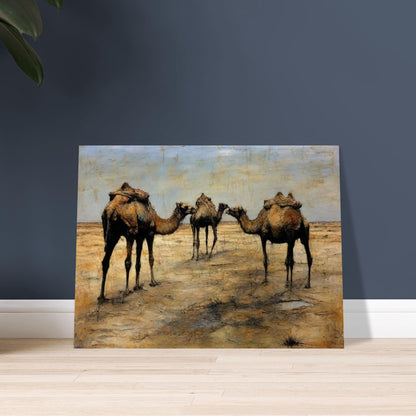 A detailed painting of three camels with packs standing together in a vast, arid desert landscape under a blue sky.