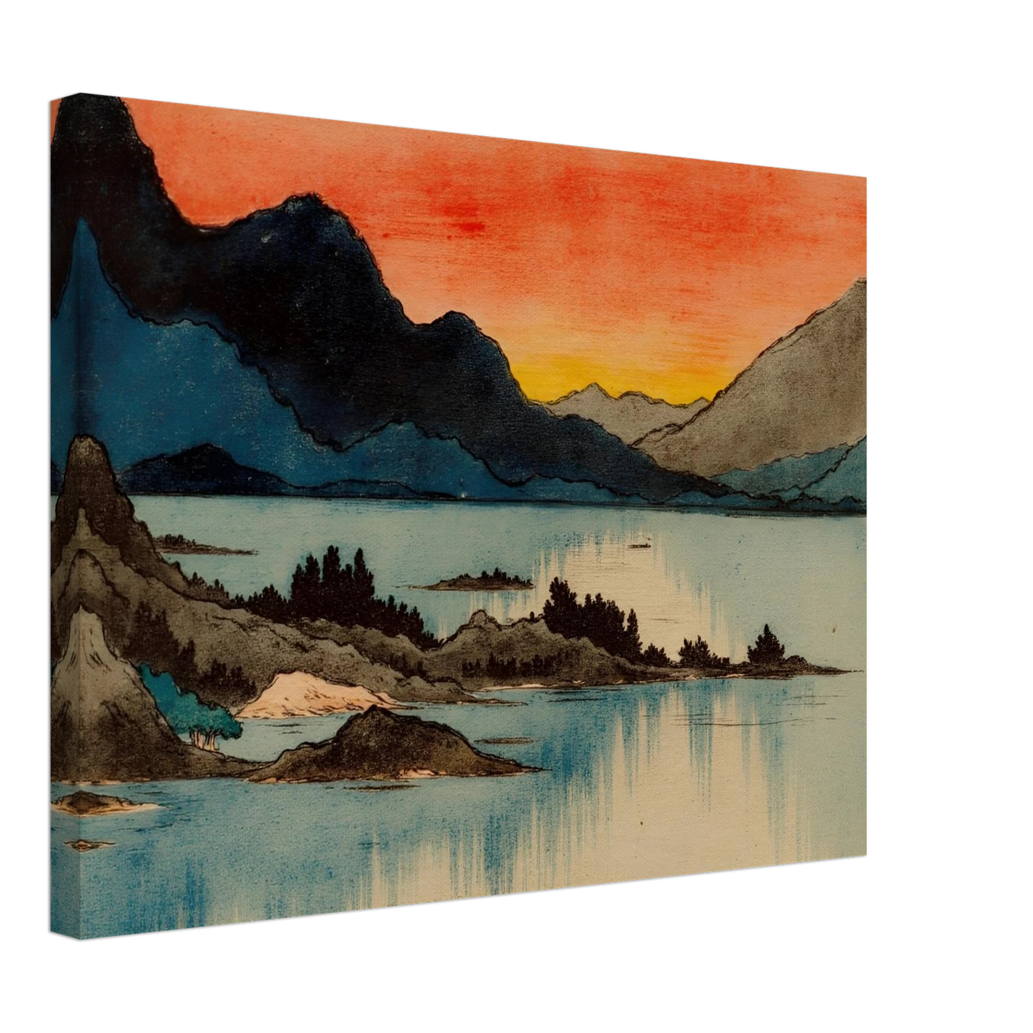 Layered mountain silhouettes meet a glowing red and yellow sunset above calm blue lake waters in a serene scenic view.