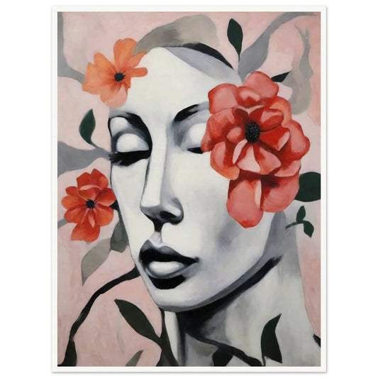 "A delicate portrait of a woman’s face with her eyes closed, surrounded by soft red and orange flowers, blending calm expression with floral beauty."