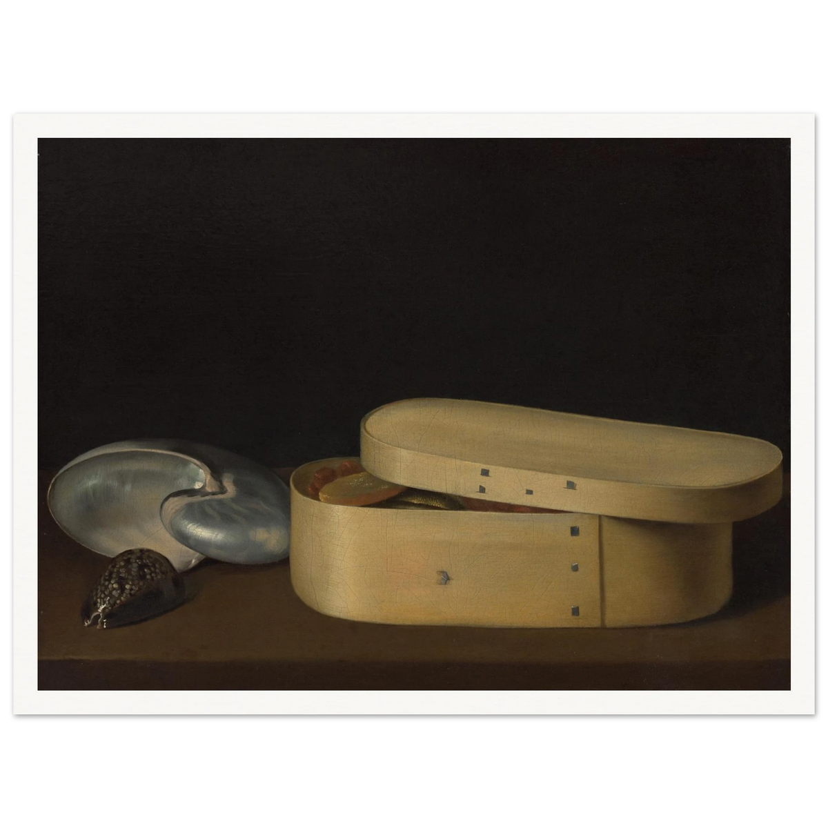 A chip-wood box with shells, dried fruit, and fish rests against a dark background.